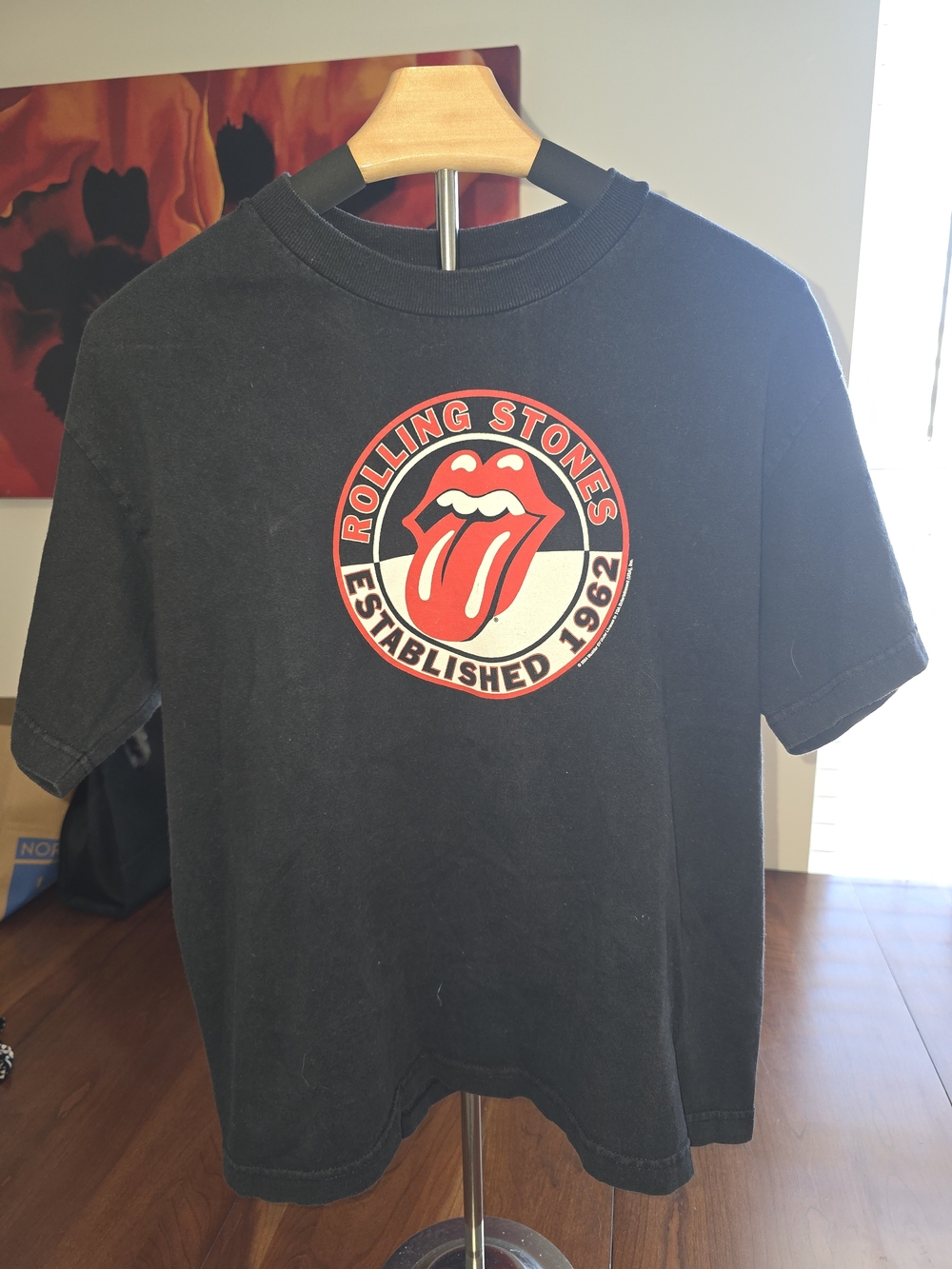 the Rolling Stones Black Tee with Red & White Tongue Logo, Size XL, PTP 18
